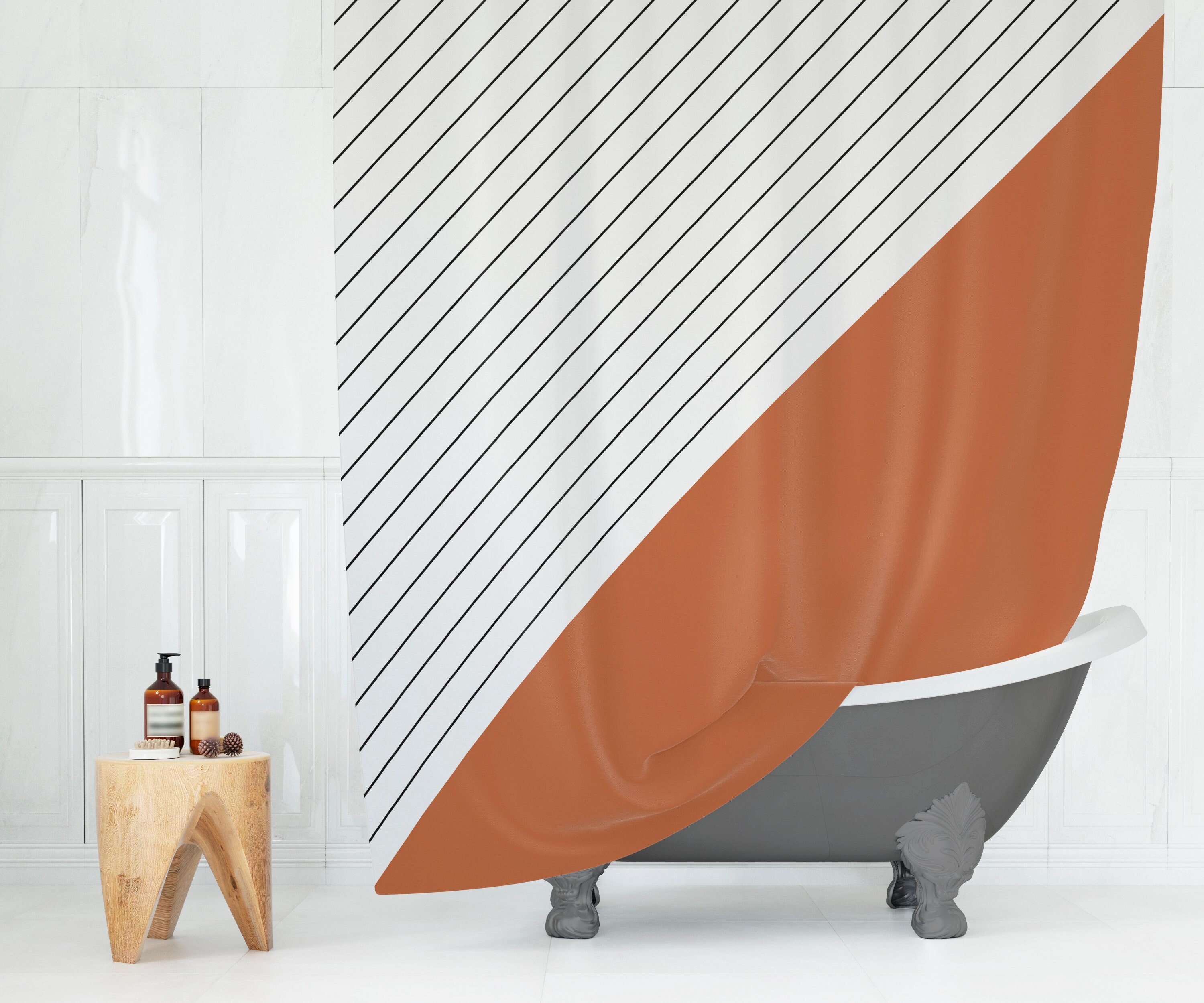 Burnt Orange Geometric Striped Shower Curtain For Modern Bathroom Decor - Image 2