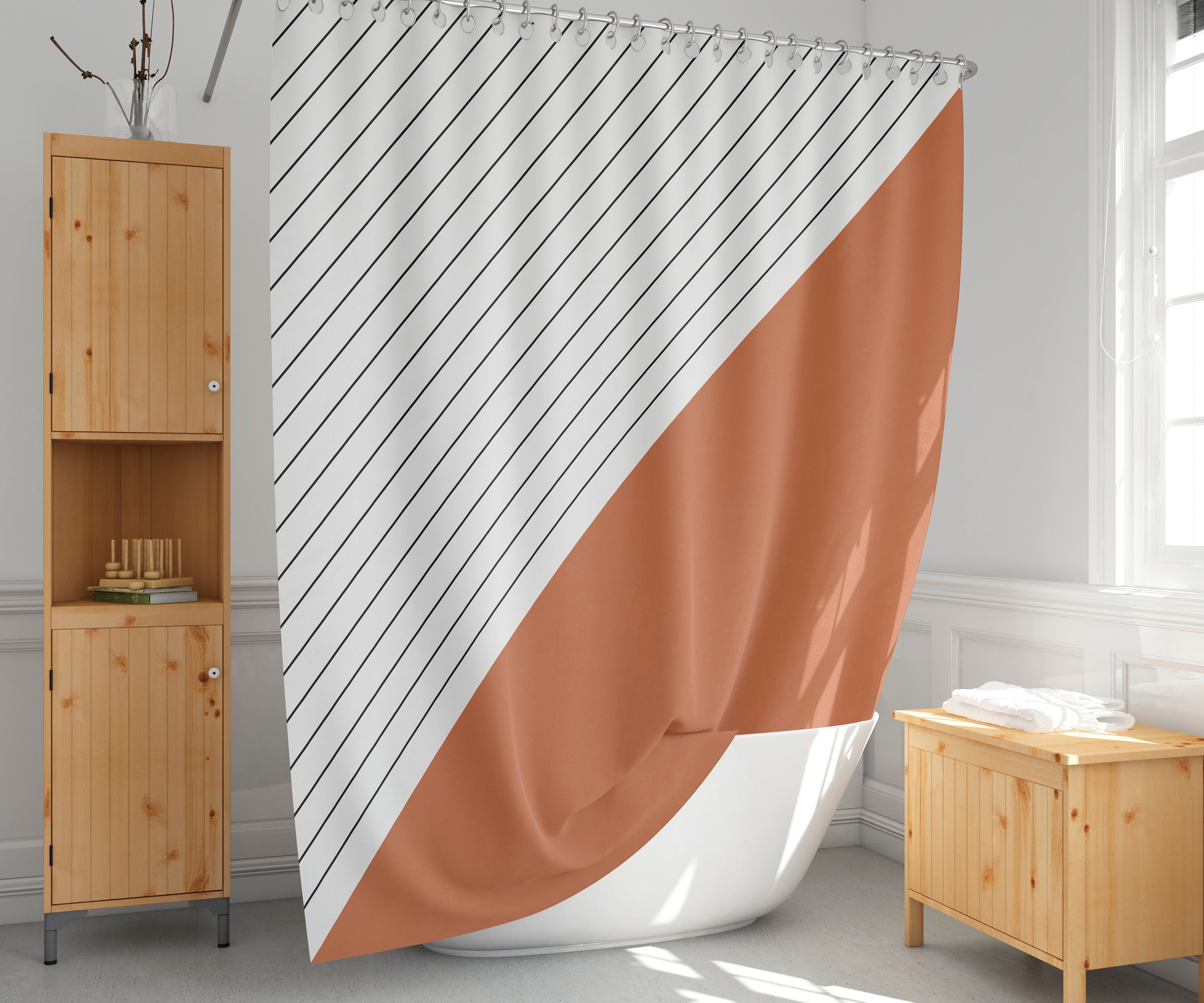 Burnt Orange Geometric Striped Shower Curtain For Modern Bathroom Decor - Image 3