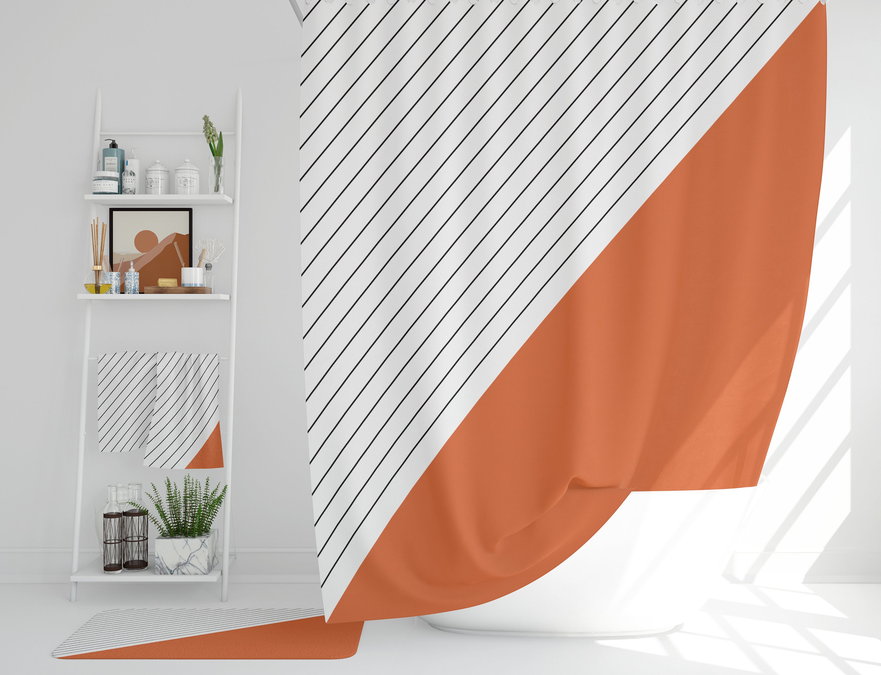 Burnt Orange Geometric Striped Shower Curtain For Modern Bathroom Decor - Image 4