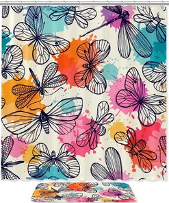 Butterflies And Dragonflies Bathroom Mat With Matching Shower Curtain