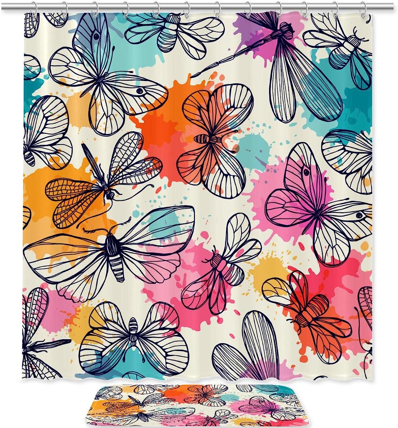 Butterflies And Dragonflies Bathroom Mat With Matching Shower Curtain