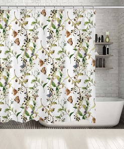 Butterflies And Leaves Multi-Sized Printed Flowers Shower Curtain For Bathroom