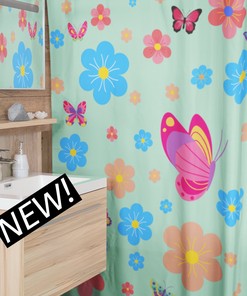 Butterflies Boho Flowers Shower Curtain In Green, Mint Colored Shower Curtain For A Playful, Natural Vibes