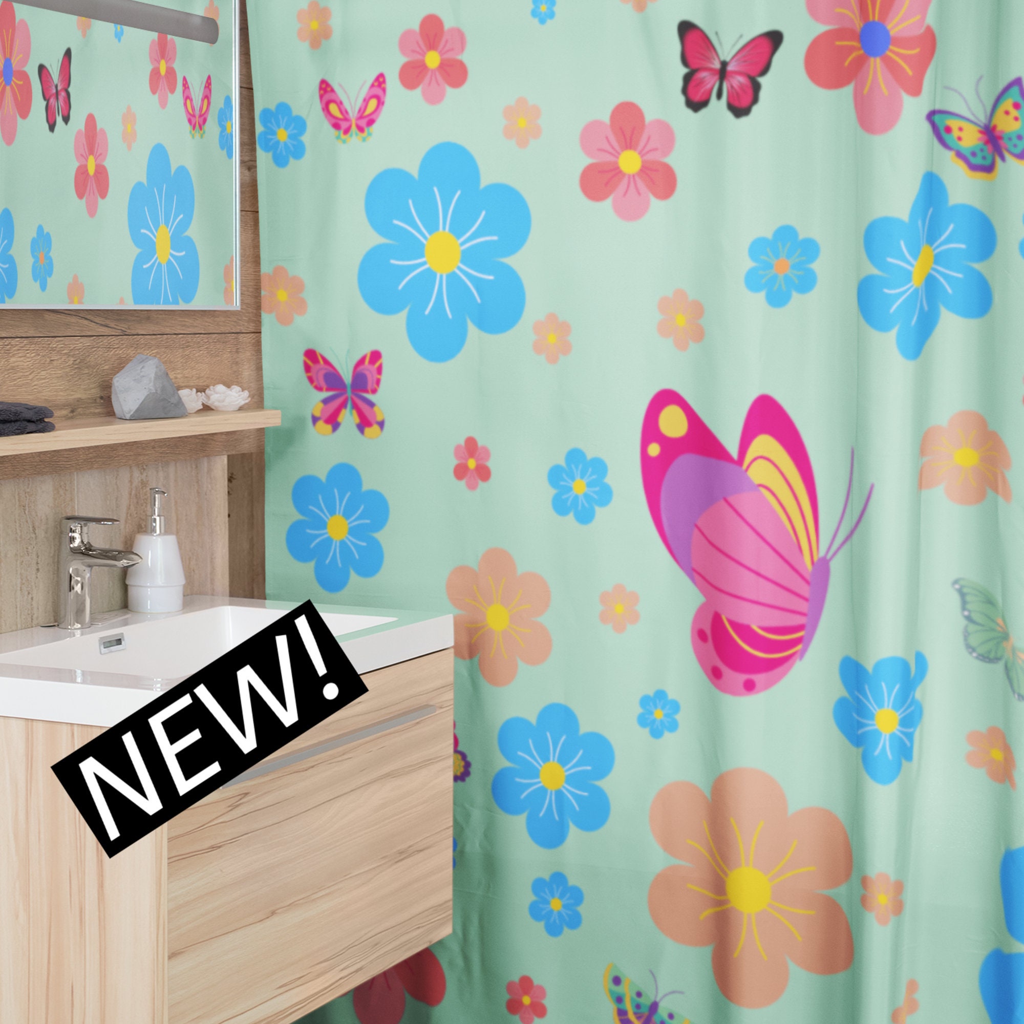 Butterflies Boho Flowers Shower Curtain In Green, Mint Colored Shower Curtain For A Playful, Natural Vibes