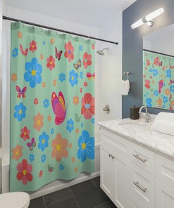 Butterflies Boho Flowers Shower Curtain In Green, Mint Colored Shower Curtain For A Playful, Natural Vibes