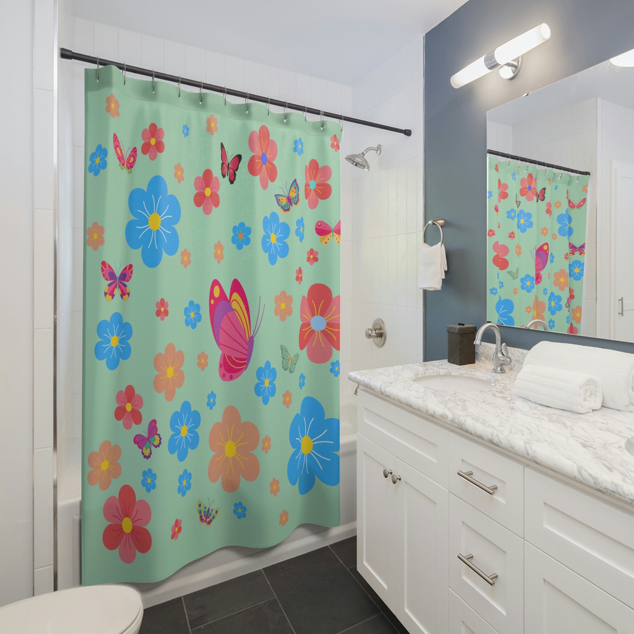 Butterflies Boho Flowers Shower Curtain In Green, Mint Colored Shower Curtain For A Playful, Natural Vibes