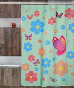 Butterflies Boho Flowers Shower Curtain In Green, Mint Colored Shower Curtain For A Playful, Natural Vibes