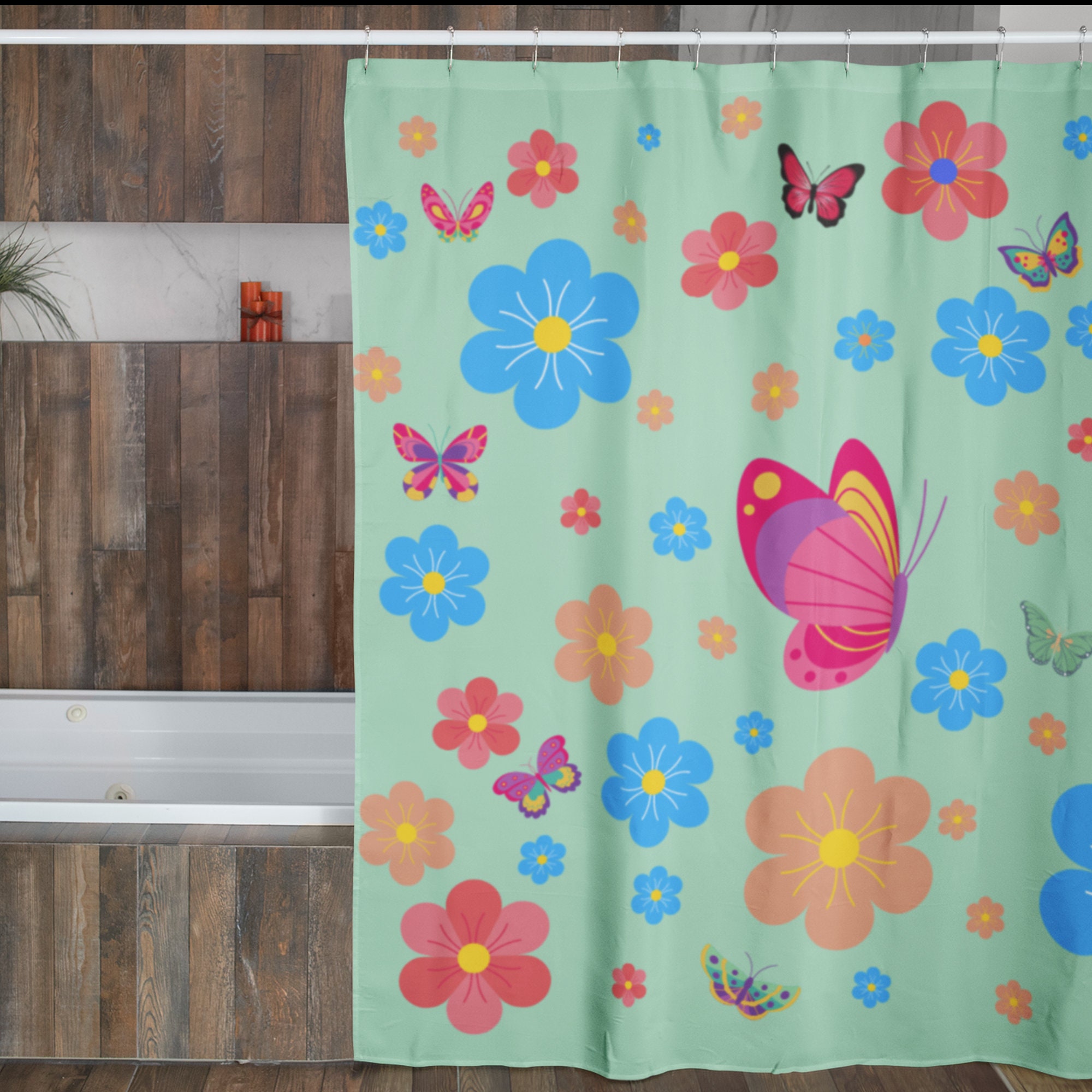 Butterflies Boho Flowers Shower Curtain In Green, Mint Colored Shower Curtain For A Playful, Natural Vibes