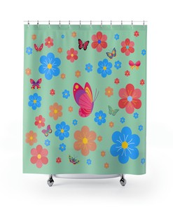 Butterflies Boho Flowers Shower Curtain In Green, Mint Colored Shower Curtain For A Playful, Natural Vibes