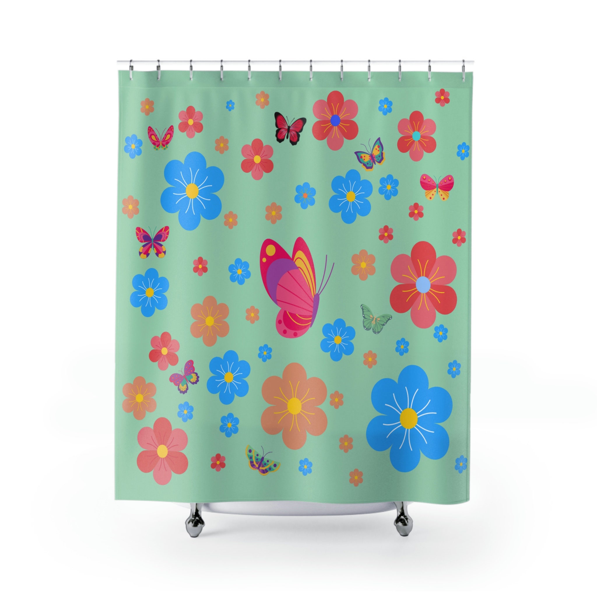 Butterflies Boho Flowers Shower Curtain In Green, Mint Colored Shower Curtain For A Playful, Natural Vibes