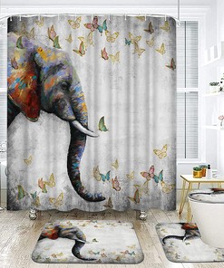 Butterflies Elephant Grey Print Shower Curtain - African Wild Animal Painting Digital Prints Bathroom Decor