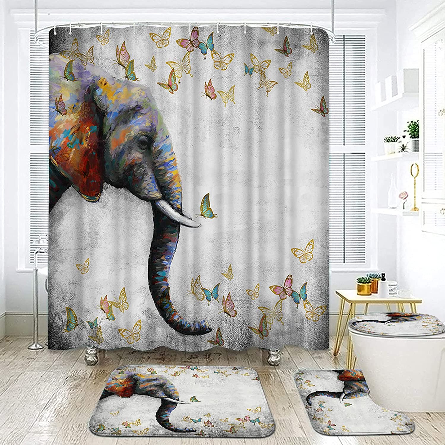 Butterflies Elephant Grey Print Shower Curtain - African Wild Animal Painting Digital Prints Bathroom Decor
