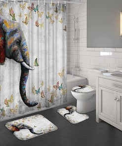 Butterflies Elephant Grey Print Shower Curtain - African Wild Animal Painting Digital Prints Bathroom Decor