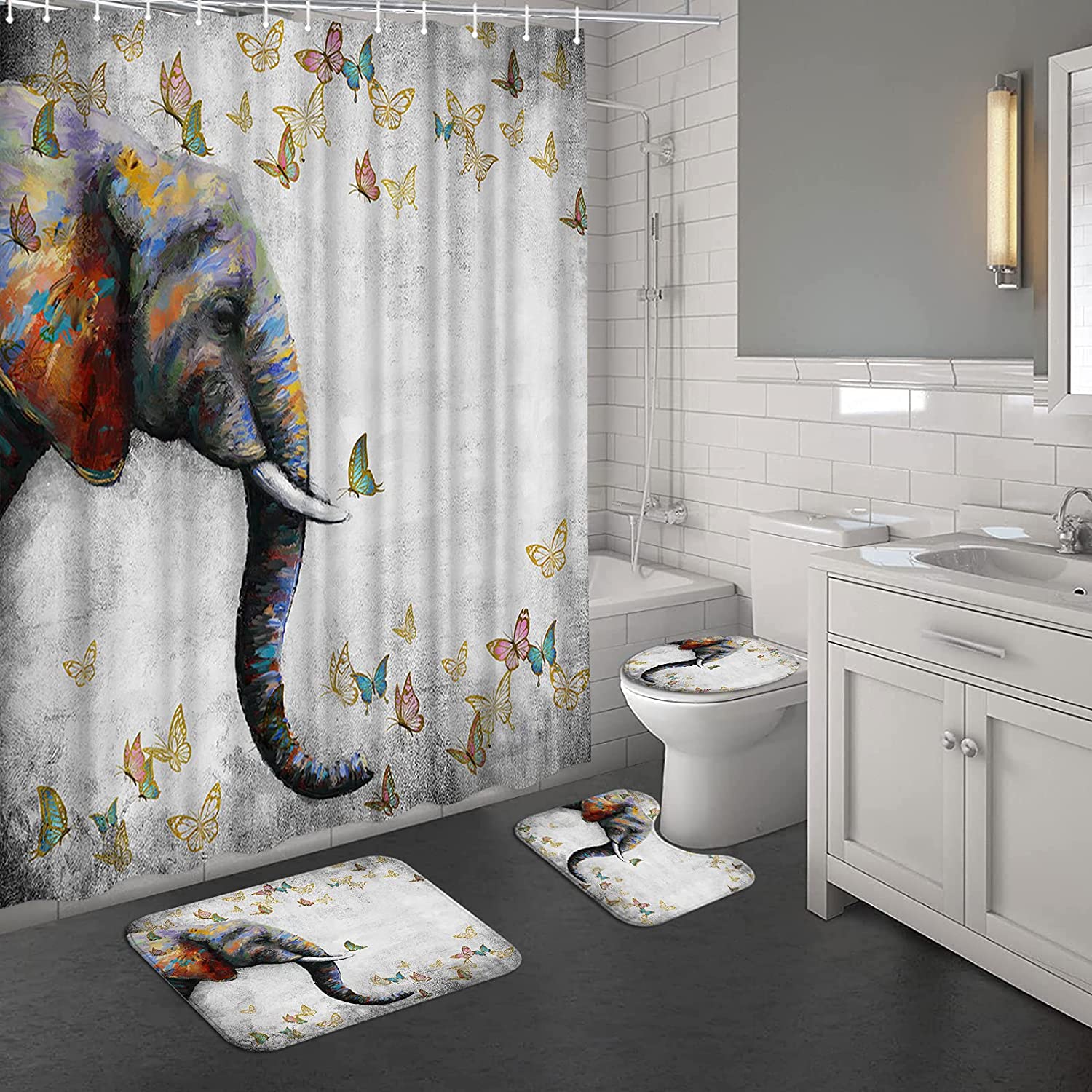 Butterflies Elephant Grey Print Shower Curtain - African Wild Animal Painting Digital Prints Bathroom Decor