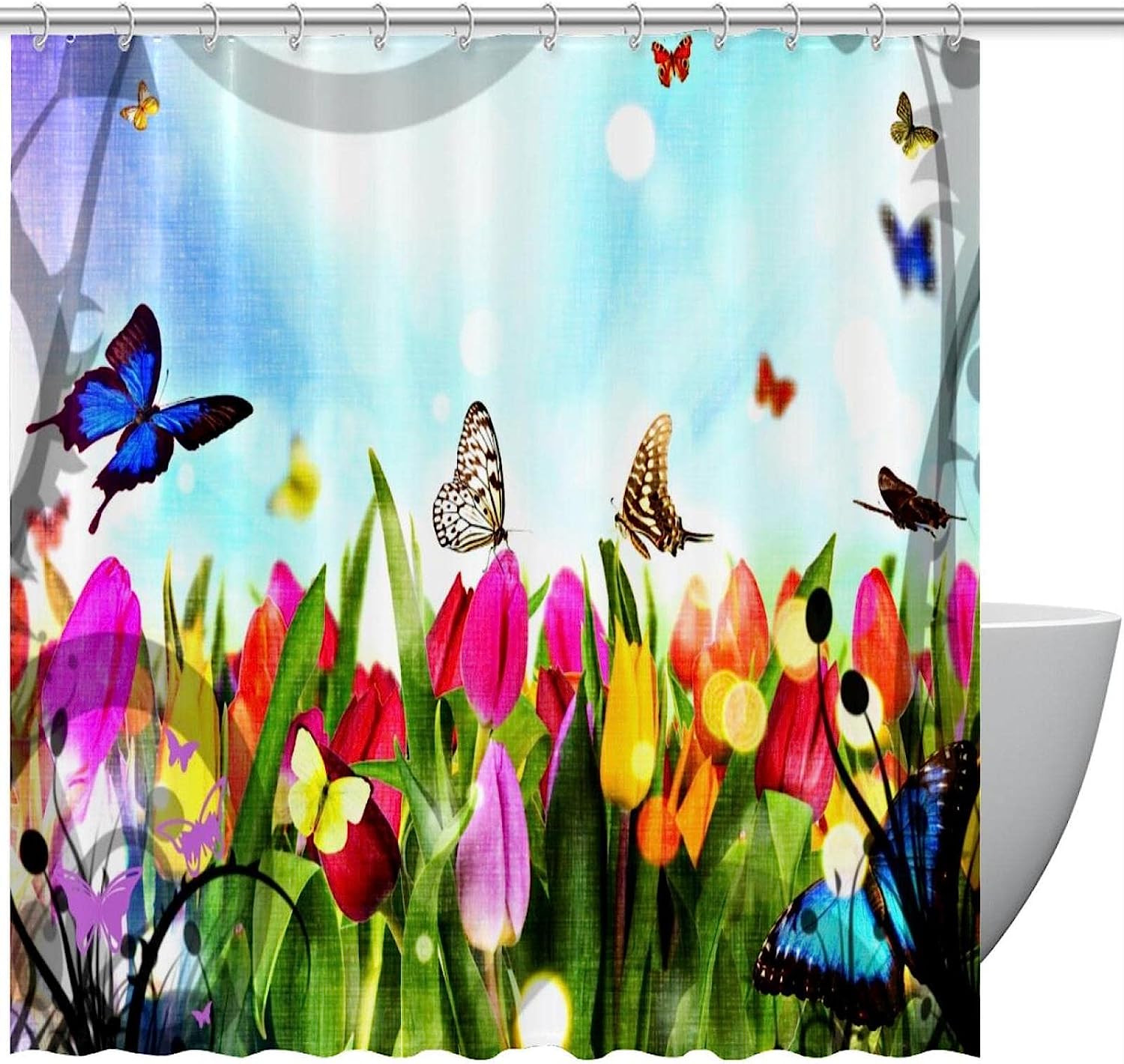 Butterflies Flower Garden Colorful Shower Curtain for Bathroom