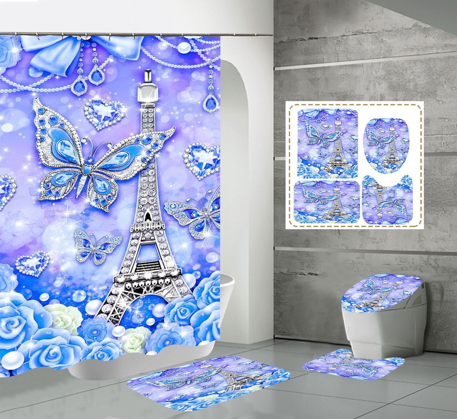 Butterfly And Roses Print Shower Curtain, Romantic Bathroom Decor