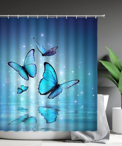 Butterfly Blue Shower Curtain, Elegant Monarch Flashing Water Dream Bathroom Decor