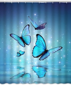 Butterfly Blue Shower Curtain, Elegant Monarch Flashing Water Dream Bathroom Decor