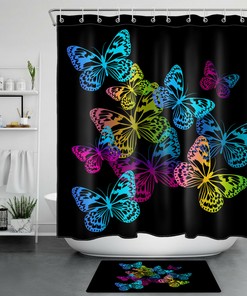 Butterfly Fabric Shower Curtain With Colorful Gradient Design, Wonderful Addition To Bathroom Decor
