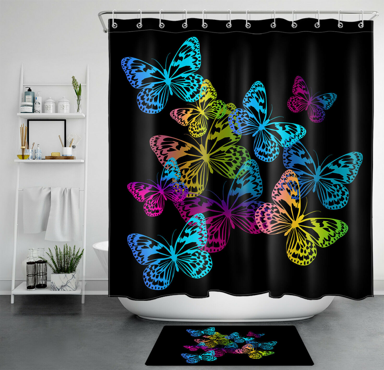 Butterfly Fabric Shower Curtain With Colorful Gradient Design, Wonderful Addition To Bathroom Decor