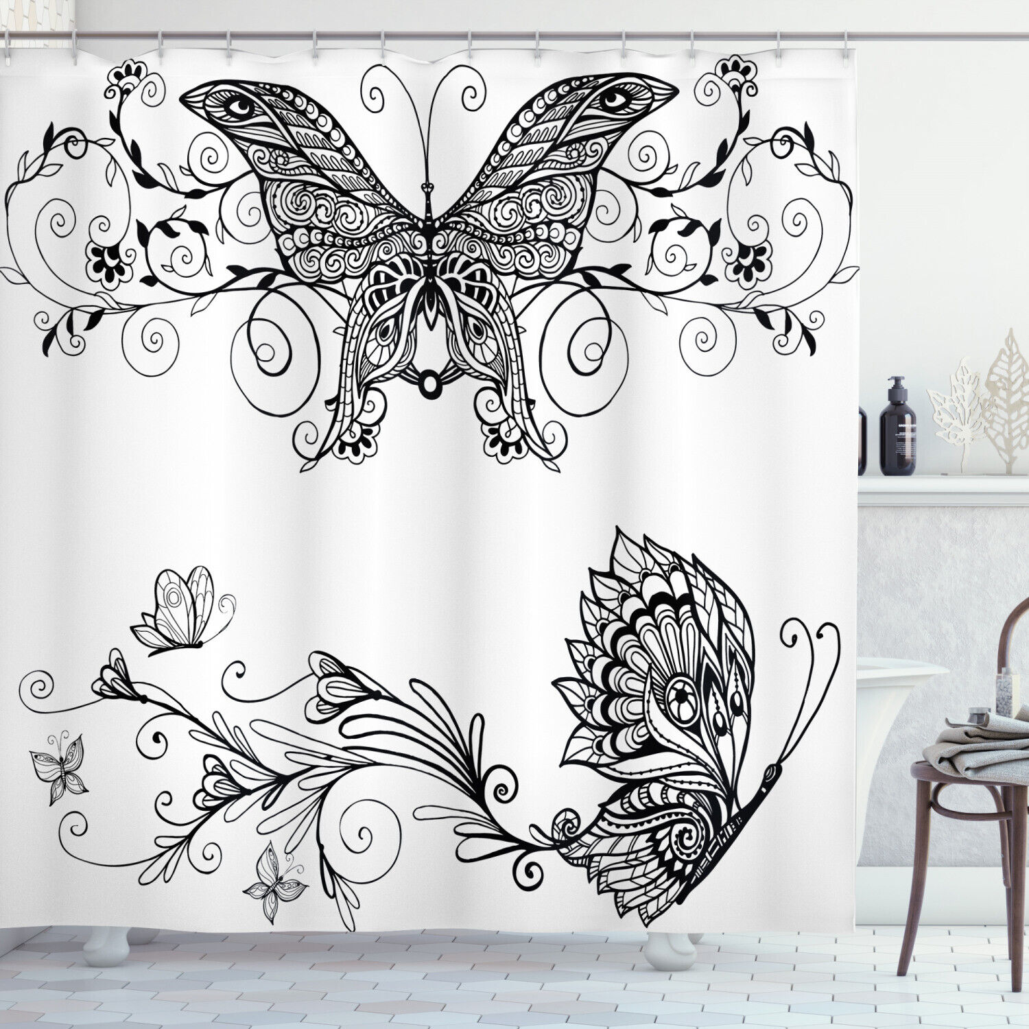 Butterfly Floral Print Mandala Shower Curtain for Bathroom Decoration