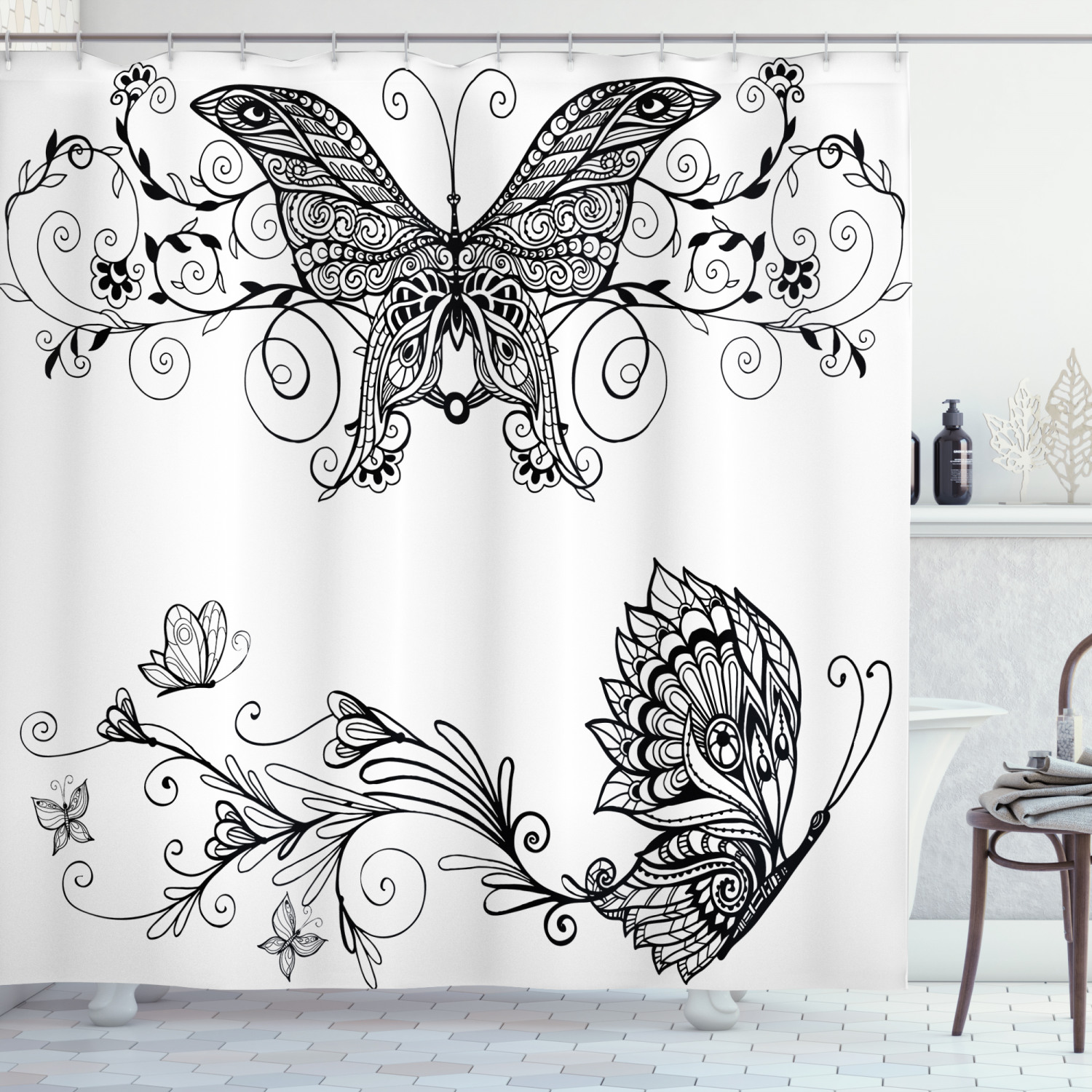 Butterfly Floral Print Mandala Shower Curtain for Bathroom Decoration