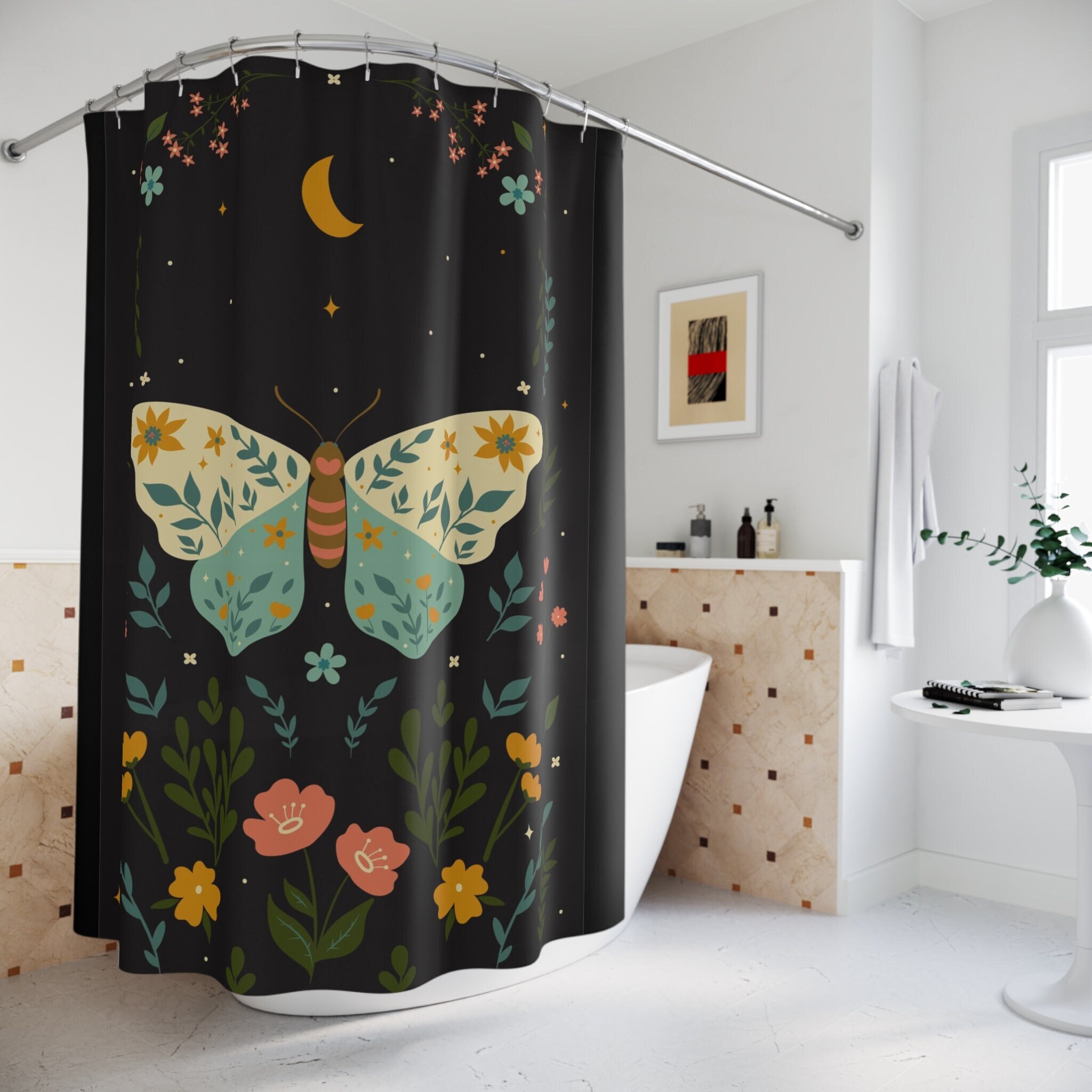 Butterfly Flower Dark Boho Shower Curtain For Earthy Bathroom Decor