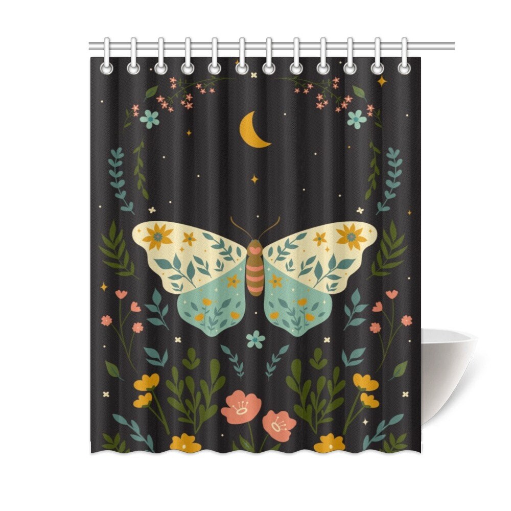 Butterfly Flower Dark Boho Shower Curtain For Earthy Bathroom Decor - Image 2