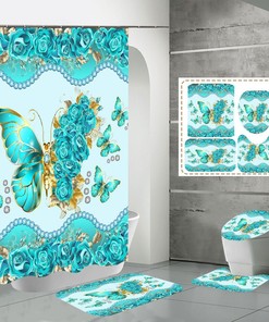 Butterfly Flower Print Bathroom Shower Curtain Toilet Mat Bathroom Cover for a Fun and Playful Bathroom