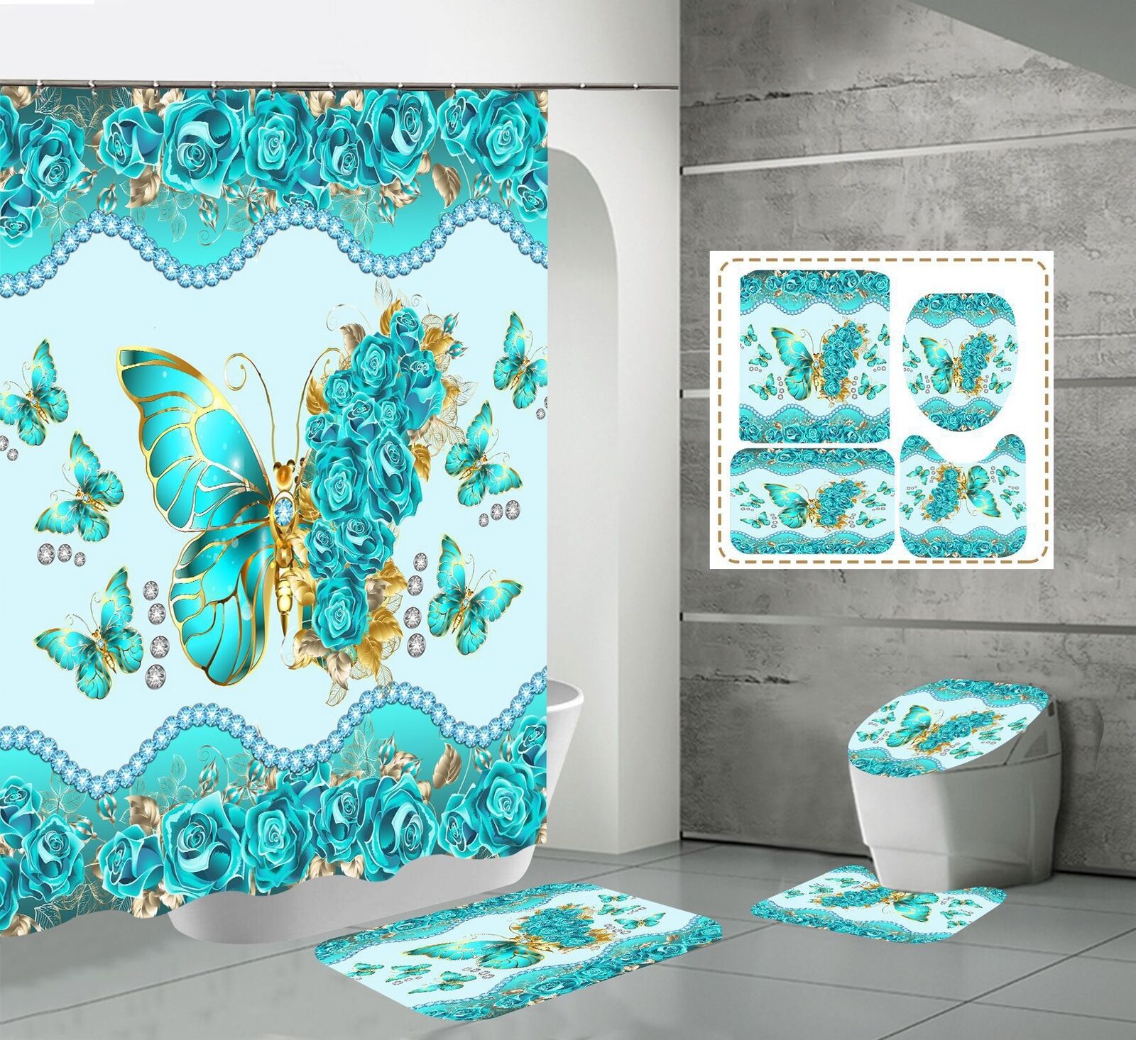 Butterfly Flower Print Bathroom Shower Curtain Toilet Mat Bathroom Cover for a Fun and Playful Bathroom