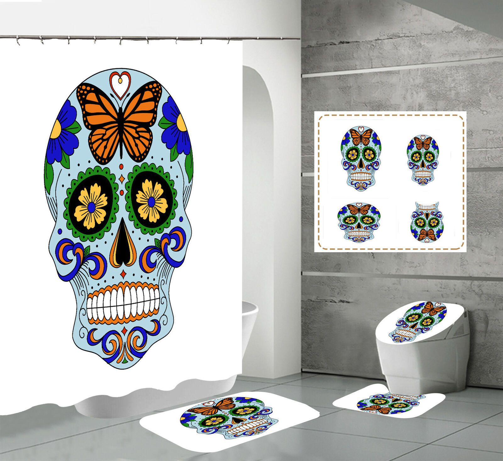 Butterfly Flower Print Skull Shower Curtain - Gothic Bathroom Decor with Unique Design