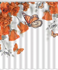 Butterfly Flower Shower Curtain Orange Rose Butterflies Spring Nature Bathroom Decor