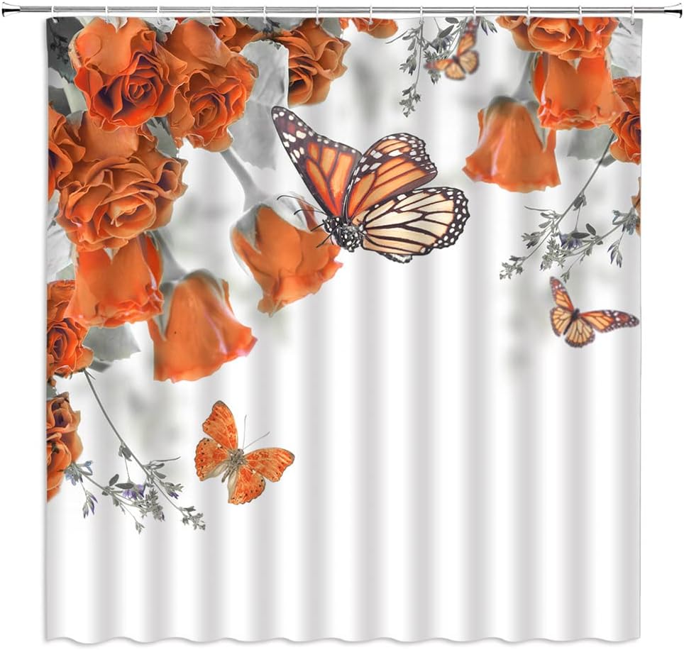 Butterfly Flower Shower Curtain Orange Rose Butterflies Spring Nature Bathroom Decor