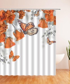 Butterfly Flower Shower Curtain Orange Rose Butterflies Spring Nature Bathroom Decor