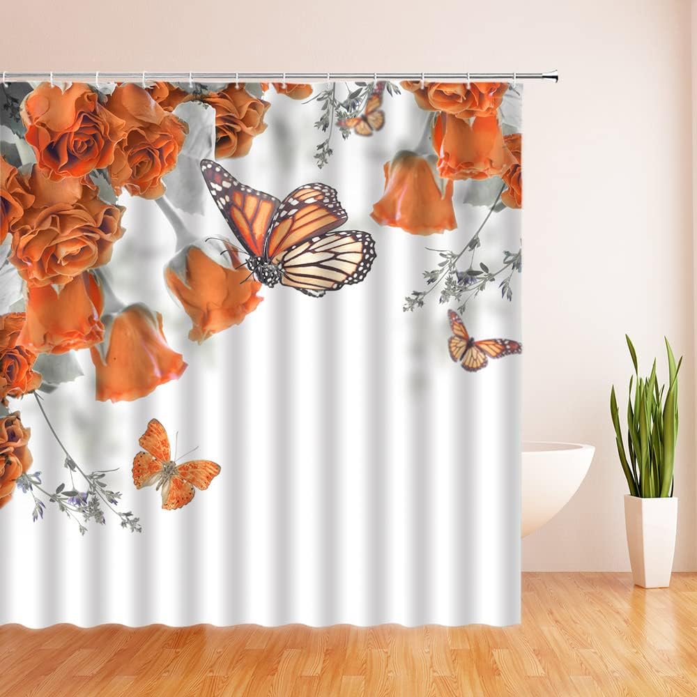 Butterfly Flower Shower Curtain Orange Rose Butterflies Spring Nature Bathroom Decor
