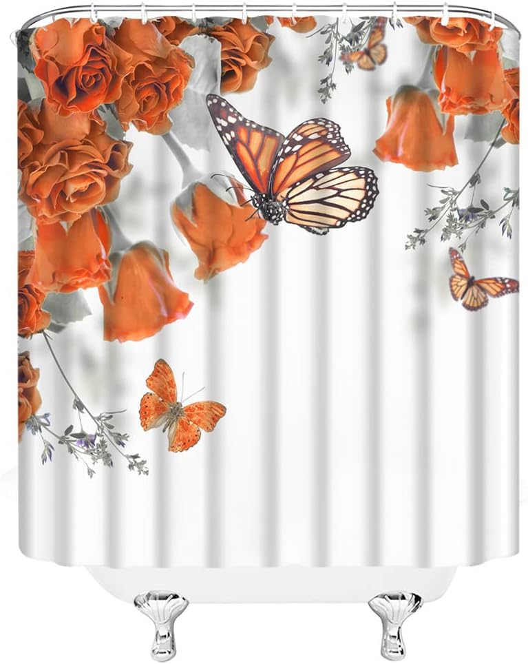 Butterfly Flower Shower Curtain Orange Rose Butterflies Spring Nature Bathroom Decor
