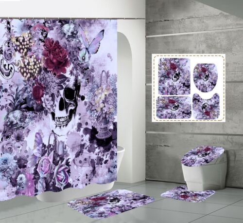 Butterfly Flower Skull Fabric Shower Curtain - Vintage Flower Bathroom Decor