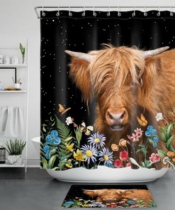 Butterfly Flower Starry Sky Highland Cow Shower Curtain For Bathroom Decor