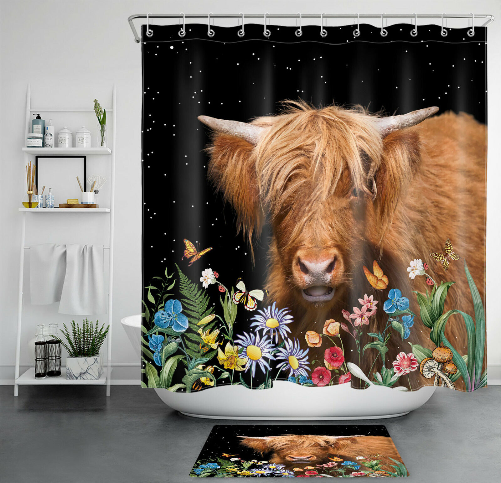 Butterfly Flower Starry Sky Highland Cow Shower Curtain For Bathroom Decor
