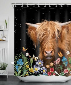 Butterfly Flower Starry Sky Highland Cow Shower Curtain For Bathroom Decor