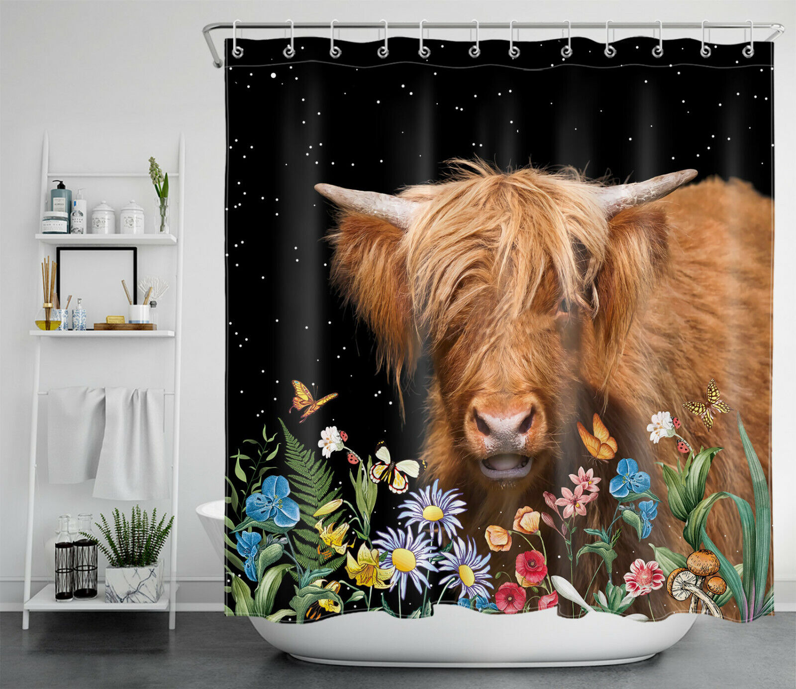 Butterfly Flower Starry Sky Highland Cow Shower Curtain For Bathroom Decor