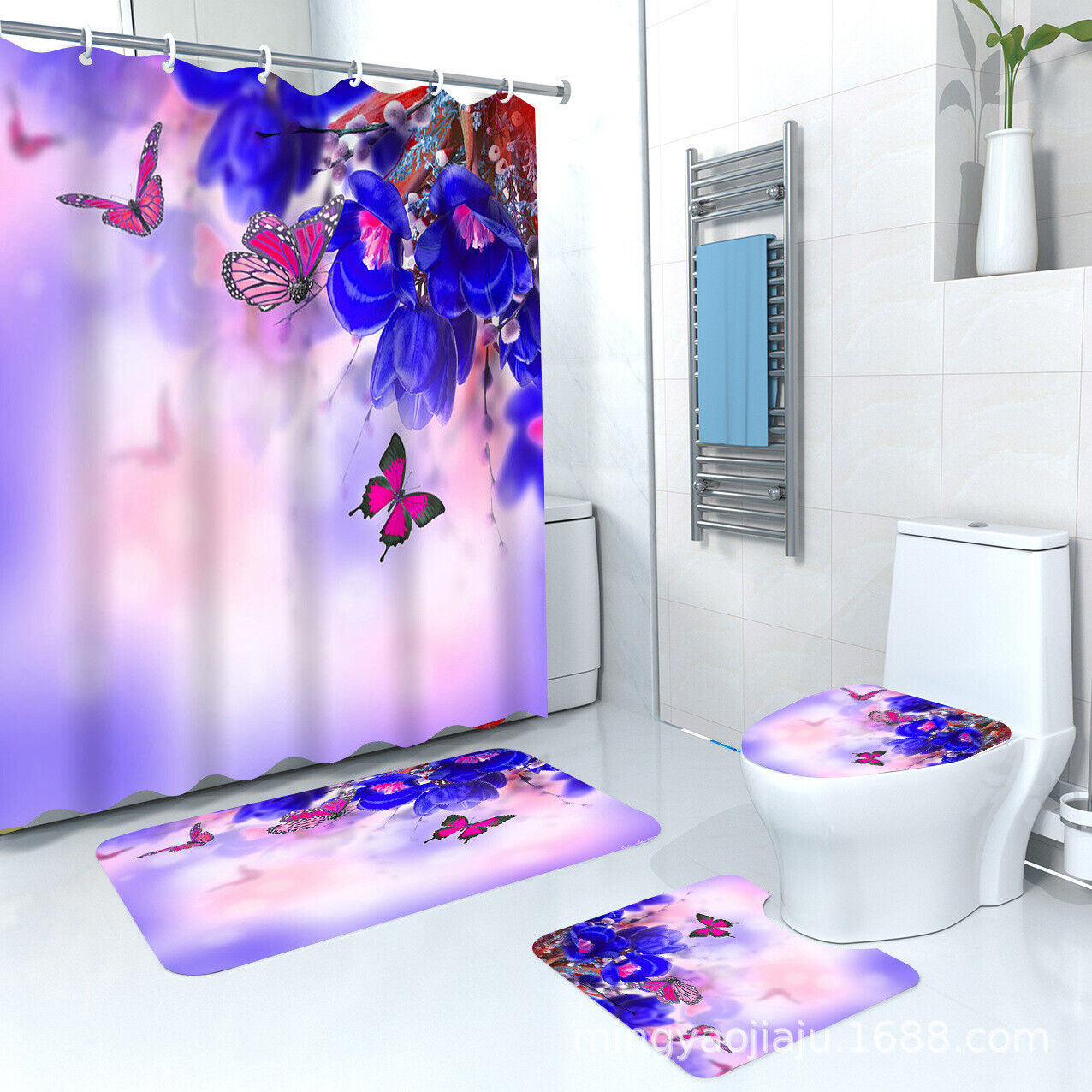 Butterfly Flowering Shrubs Shower Curtain With Various Colors For Spring Bathroom Decor