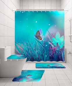 Butterfly Flowering Shrubs Shower Curtain with Starry Night Theme