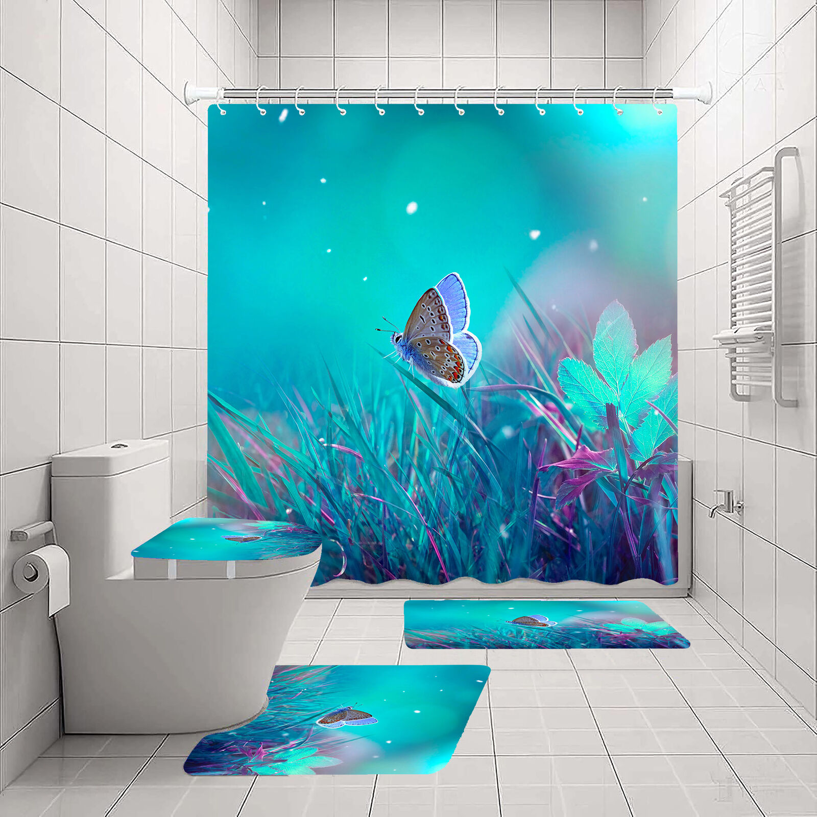 Butterfly Flowering Shrubs Shower Curtain with Starry Night Theme