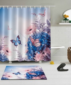 Butterfly Flowers Fabric Shower Curtain Set with Bathroom Mat and Hooks