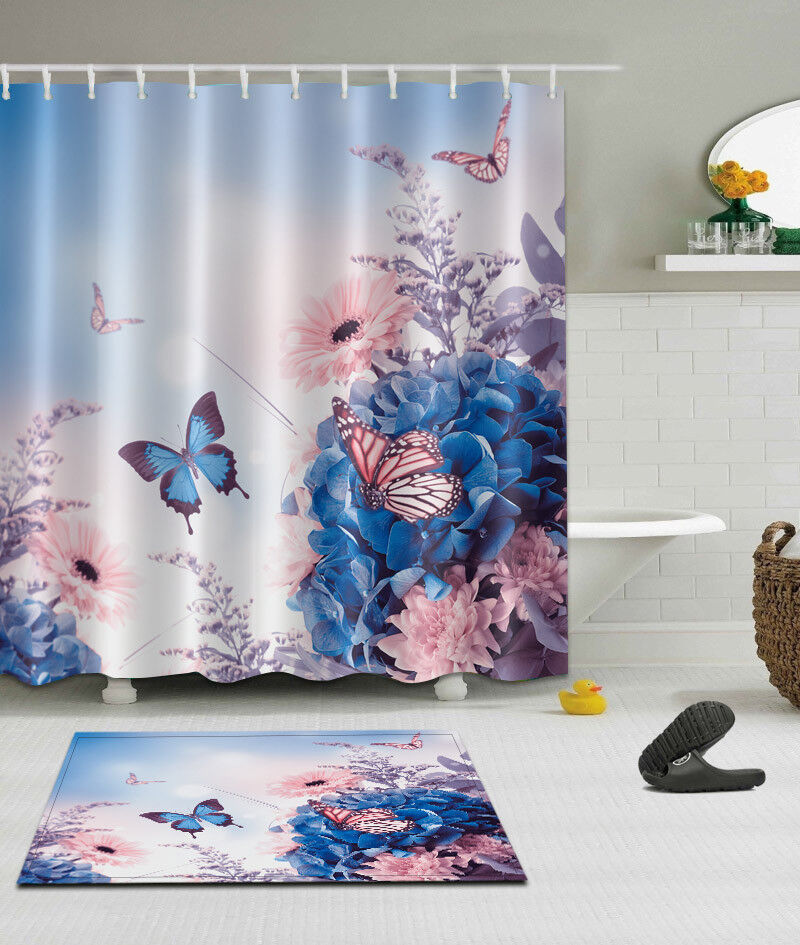 Butterfly Flowers Fabric Shower Curtain Set with Bathroom Mat and Hooks