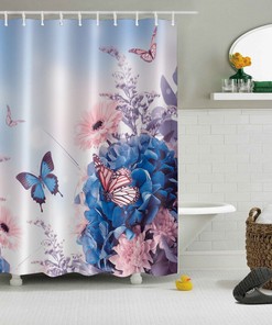 Butterfly Flowers Fabric Shower Curtain Set with Bathroom Mat and Hooks
