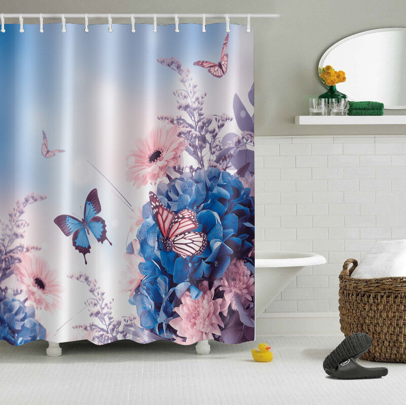 Butterfly Flowers Fabric Shower Curtain Set with Bathroom Mat and Hooks