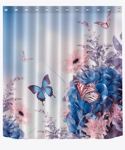 Butterfly Flowers Fabric Shower Curtain Set with Bathroom Mat and Hooks