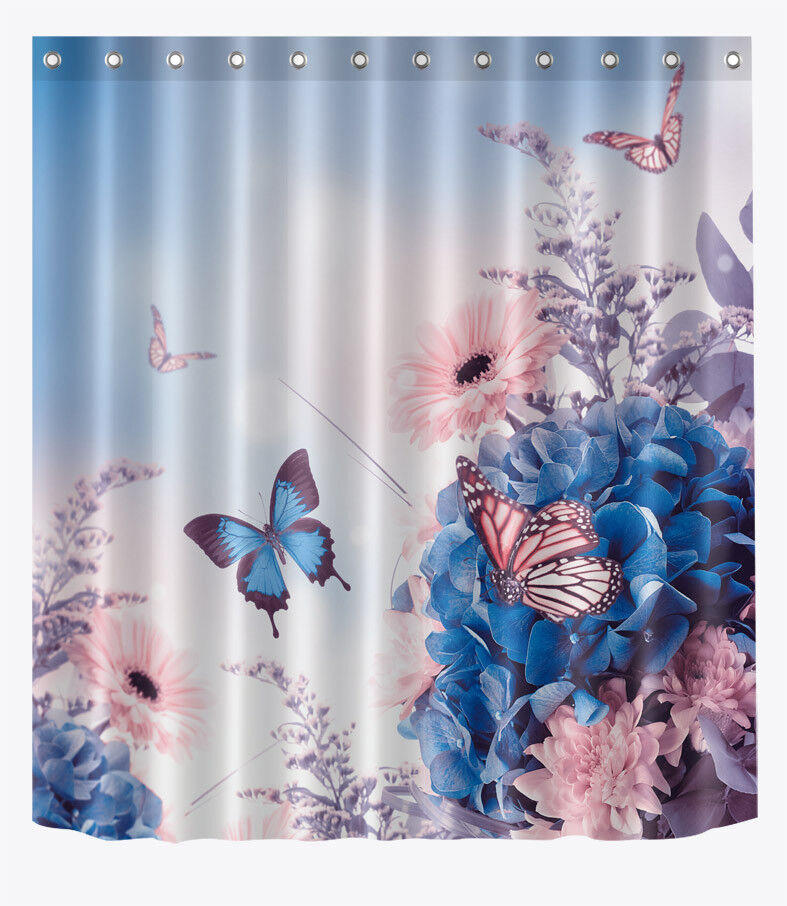 Butterfly Flowers Fabric Shower Curtain Set with Bathroom Mat and Hooks